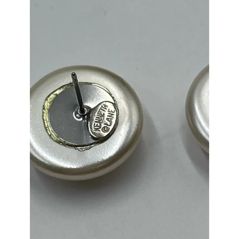 Kenneth Jay Lane KJL‎ Silver Tone Round Faux Pearl Ivory Pierced Stud Earrings - Picture 7 of 13